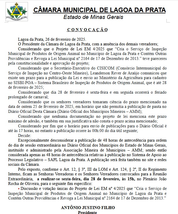 Comunicação de Sessão Extraordinária