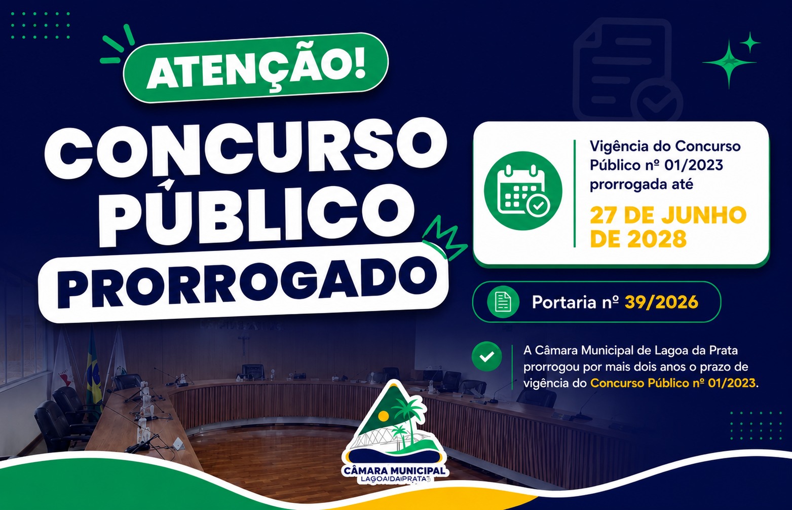 Concurso Público da Câmara de Lagoa da Prata tem validade prorrogada até junho de 2028