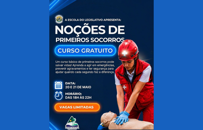 Escola do Legislativo da Câmara Municipal de Lagoa da Prata abre inscrições para curso gratuito de Noções de Primeiros Socorros.